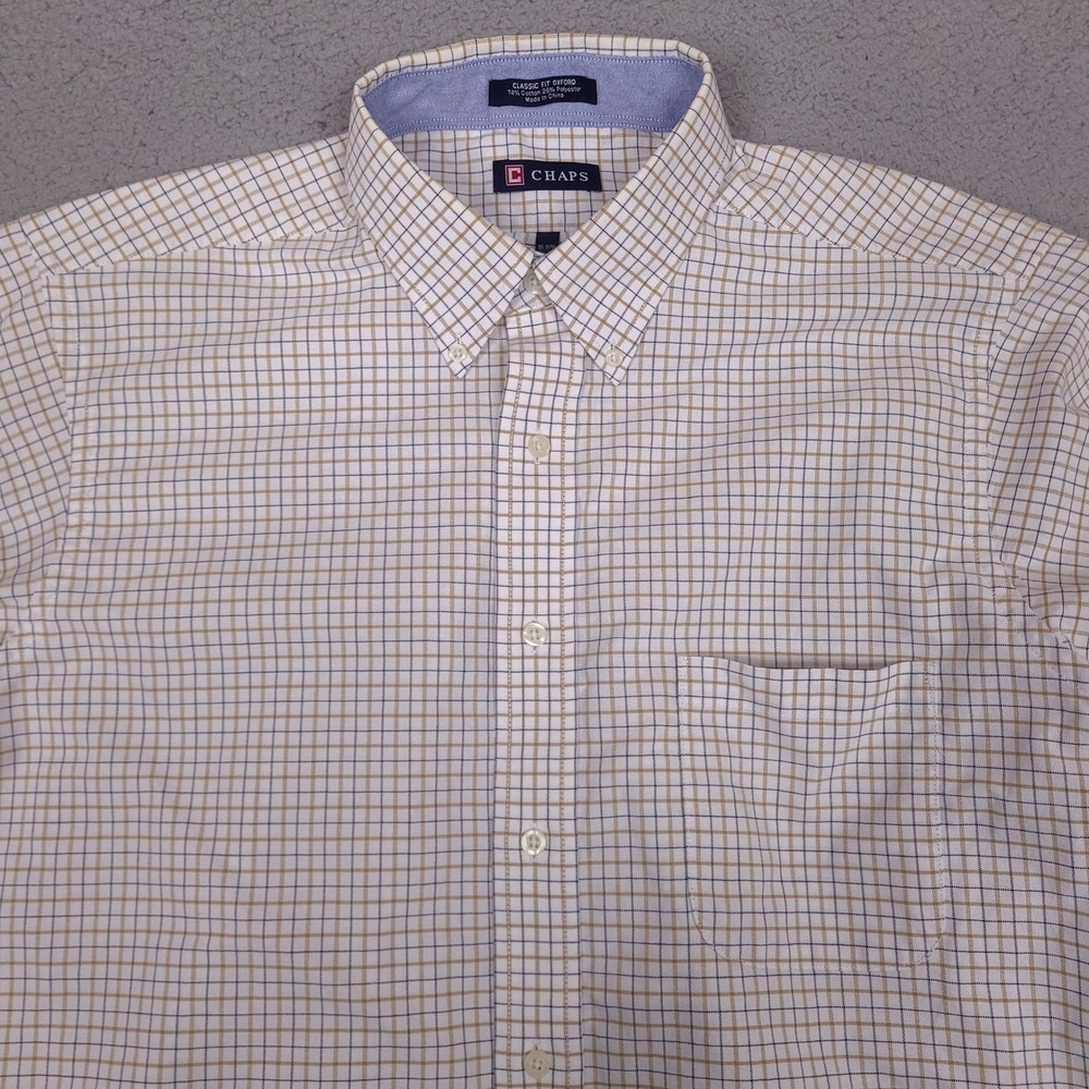 CHAPS Mens Dress Shirt Large 16-16.5 White Plaid Classic Fit Oxford‎ Button Down